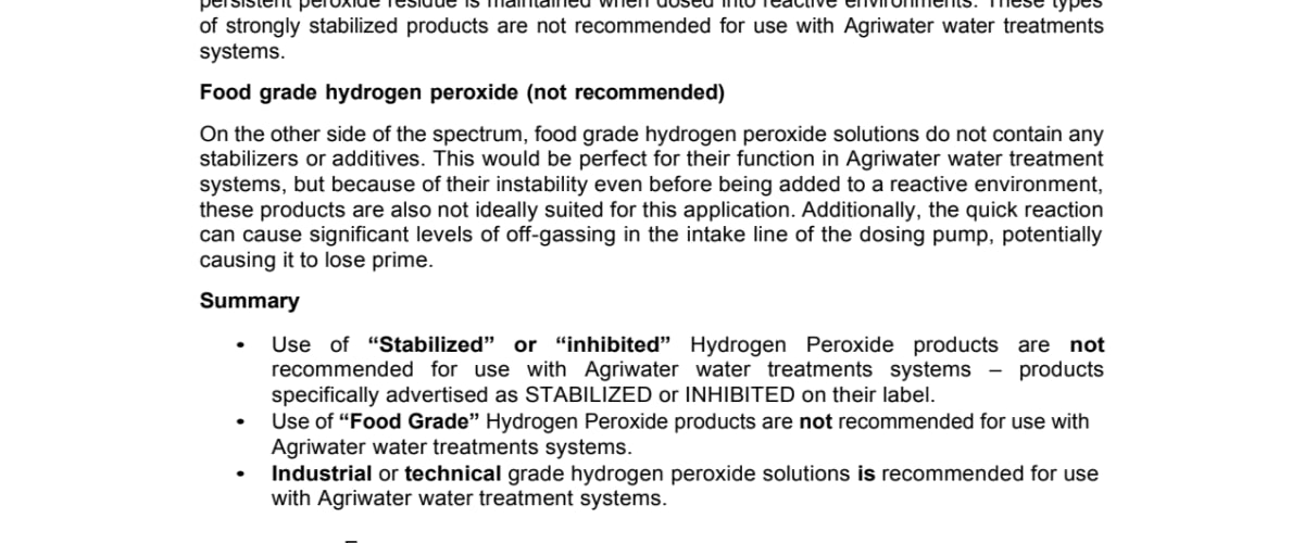 Hydrogen Peroxide Grades and Recommendation for Agriwater
