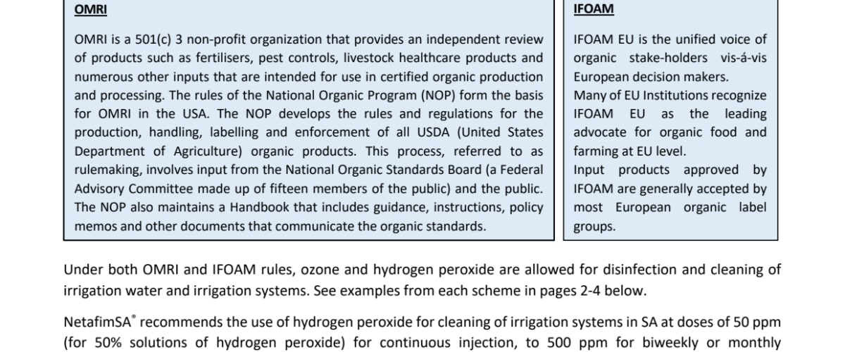 The use of Agriwater AOP in Biological and Organic Production Systems
